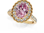 Milgrain Floral Halo Engagement Ring Setting for Fancy Pink Oval Center with Pave Band and Prong Head in Yellow Gold