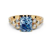Cluster Engagement Ring Setting for Fancy Blue Radiant Cut Center with Bezel Accent Clusters and Prong Head in Yellow Gold
