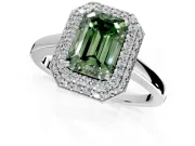 Halo Engagement Ring Setting for Fancy Green Emerald Cut Center with Plain Tapered Band and Prong Head in Sterling Silver