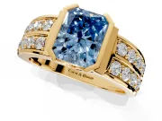 Bezel Engagement Ring Setting for Fancy Blue Radiant Cut Center with Wide Channel-Set Band and Bezel Head in Yellow Gold