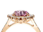 Sunburst Halo Engagement Ring Setting for Fancy Pink Round Cut Center with Pave Band and Prong Head in Rose Gold