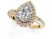 Pave Halo Engagement Ring Setting for Pear-Shaped Center with Single Row Pave Band and Prong Head in Yellow Gold