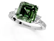 3 Stone Engagement Ring Setting for Fancy Green Asscher Cut Center with Round Cut Side Accents and Prong Head in Platinum