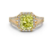 Halo Engagement Ring Setting for Fancy Yellow Radiant Cut Center with Pave Split Shank and Prong Head in Yellow Gold