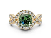 Halo Engagement Ring Setting for Fancy Green Cushion Cut Center with Pave Infinity Twist Band and Prong Head in Yellow Gold