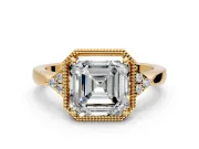 Cluster Engagement Ring Setting for Asscher Cut Center with Milgrain Shoulder Clusters and Prong Head in Yellow Gold