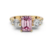 3 Stone Engagement Ring Setting for Fancy Pink Emerald Cut Center with Crossover Basket, Pave Band and Prong Head in Yellow Gold