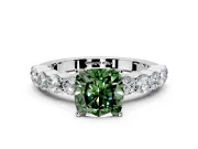 Shared-Prong Engagement Ring Setting for Fancy Green Cushion Cut Center with Graduated Accents and Prong Head in Sterling Silver