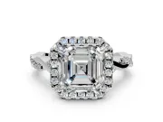 Halo Engagement Ring Setting for Asscher Cut Center with Twist Band and Prong Head in Platinum