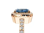 Halo Engagement Ring Setting for Fancy Blue Emerald Cut Center with Inner Milgrain Border and Prong Head in Rose Gold