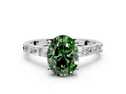Baguette Engagement Ring Setting for Fancy Green Oval Center with Alternating Bar-Set Band and Prong Head in Sterling Silver
