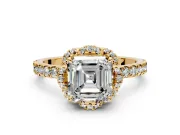 Halo Engagement Ring Setting for Asscher Cut Center with Openwork Halo, Pave Band and Prong Head in Yellow Gold