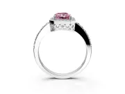 Halo Engagement Ring Setting for Fancy Pink Radiant Cut Center with Heart-Shaped Openwork, Pave Band and Prong Head in Platinum