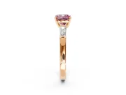 3 Stone Engagement Ring Setting for Fancy Pink Cushion Cut Center with Tapered Baguettes, Plain Band and Prong Head in Rose Gold
