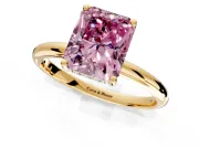 Hidden Halo Engagement Ring Setting for Fancy Pink Radiant Cut Center with Thin Round-Wire Band and Prong Head in Yellow Gold