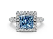 Pave Halo Engagement Ring Setting for Fancy Blue Princess Cut Center with Single Row Pave Band and Prong Head in White Gold