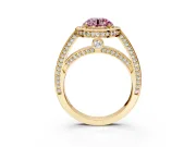 Halo Engagement Ring Setting for Fancy Pink Round Cut Center with Framed Halo, Pave Band and Prong Head in Yellow Gold