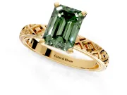 Solitaire Engagement Ring Setting for Fancy Green Emerald Cut Center with Milgrain X Pattern Band and Prong Head in Yellow Gold