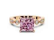 Solitaire Engagement Ring Setting for Fancy Pink Princess Cut Center with Milgrain Bezel Accents and Prong Head in Rose Gold