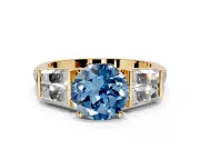 Channel-Set Engagement Ring Setting for Fancy Blue Round Cut Center with Baguette Band and Prong Head in Yellow Gold