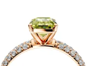 Solitaire Engagement Ring Setting for Fancy Yellow Emerald Cut Center with Domed Multi-Row Pave Band and Prong Head in Rose Gold
