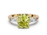 3 Stone Engagement Ring Setting for Fancy Yellow Radiant Cut Center with Tapered Baguettes, Plain Band and Prong Head in Yellow Gold