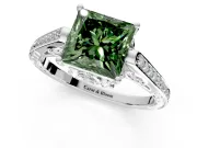 Cathedral Engagement Ring Setting for Fancy Green Princess Cut Center with Antique-Style Pave Band and Prong Head in White Gold