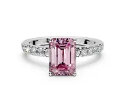 Solitaire Engagement Ring Setting for Fancy Pink Emerald Cut Center with Round Cut Pave Band and Prong Head in Sterling Silver