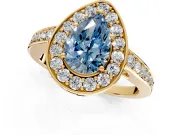 Bezel-Framed Halo Engagement Ring Setting for Fancy Blue Pear-Shaped Center with Pave Band and Prong Head in Yellow Gold