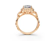 Halo Engagement Ring Setting for Princess Cut Center with Open Scroll Shoulders and Prong Head in Rose Gold