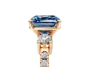 3 Stone Engagement Ring Setting for Fancy Blue Asscher Cut Center with Round Cut Side Accents and Prong Head in Rose Gold