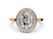 Halo Engagement Ring Setting for Oval Center with Plain Tapered Band and Prong Head in Yellow Gold