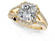 Halo Engagement Ring Setting for Radiant Cut Center with Pave Split Shank and Prong Head in Yellow Gold