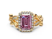 Halo Engagement Ring Setting for Fancy Pink Emerald Cut Center with Leaf Motif Split Shank and Prong Head in Yellow Gold