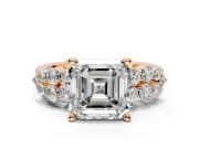 Cluster Engagement Ring Setting for Asscher Cut Center with 2-Row Shoulder Clusters and Prong Head in Rose Gold