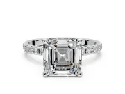 Solitaire Engagement Ring Setting for Asscher Cut Center with Fine Pave Narrow Band and Prong Head in Platinum