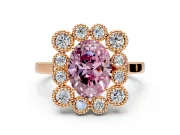 Cluster Halo Engagement Ring Setting for Fancy Pink Oval Center with Milgrain Bezel Accents and Prong Head in Rose Gold