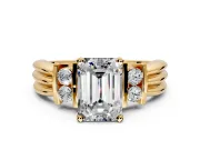 Solitaire Engagement Ring Setting for Emerald Cut Center with Grooved Bar Accent Band and Prong Head in Yellow Gold