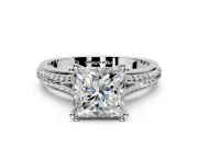 Solitaire Engagement Ring Setting for Princess Cut Center with Pave Rail Split Shank and Prong Head in Sterling Silver