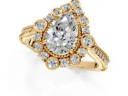 Milgrain Halo Engagement Ring Setting for Pear-Shaped Center with Bezel Point Accents and Prong Head in Yellow Gold
