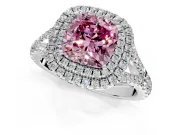 Double Halo Engagement Ring Setting for Fancy Pink Cushion Cut Center with Narrow Pave Split Shank and Prong Head in Platinum