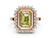 Halo Engagement Ring Setting for Fancy Yellow Emerald Cut Center with Milgrain Bezel Rim, Plain Band and Prong Head in Rose Gold