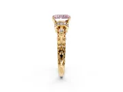 Solitaire Engagement Ring Setting for Fancy Pink Radiant Cut Center with Filigree Band and Prong Head in Yellow Gold