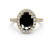 Halo Engagement Ring Setting for Fancy Black Oval Center with Narrowing Pave Band and Prong Head in Yellow Gold