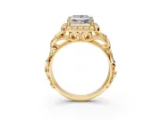 Halo Engagement Ring Setting for Princess Cut Center with Open Scroll Shoulders and Prong Head in Yellow Gold