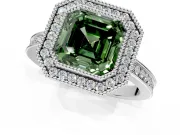 Halo Engagement Ring Setting for Fancy Green Asscher Cut Center with Milgrain Halo, Pave Band and Prong Head in Platinum