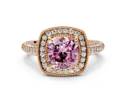 Milgrain Halo Engagement Ring Setting for Fancy Pink Cushion Cut Center with Three-Sided Pave Band and Prong Head in Rose Gold