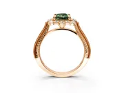 Milgrain Halo Engagement Ring Setting for Fancy Green Radiant Cut Center with Bezel Point Accents and Prong Head in Rose Gold