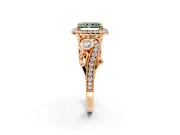 Milgrain Halo Engagement Ring Setting for Fancy Green Radiant Cut Center with Shoulder Bezels and Prong Head in Rose Gold