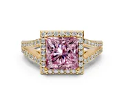 Halo Engagement Ring Setting for Fancy Pink Princess Cut Center with Pave Split Shank and Prong Head in Yellow Gold